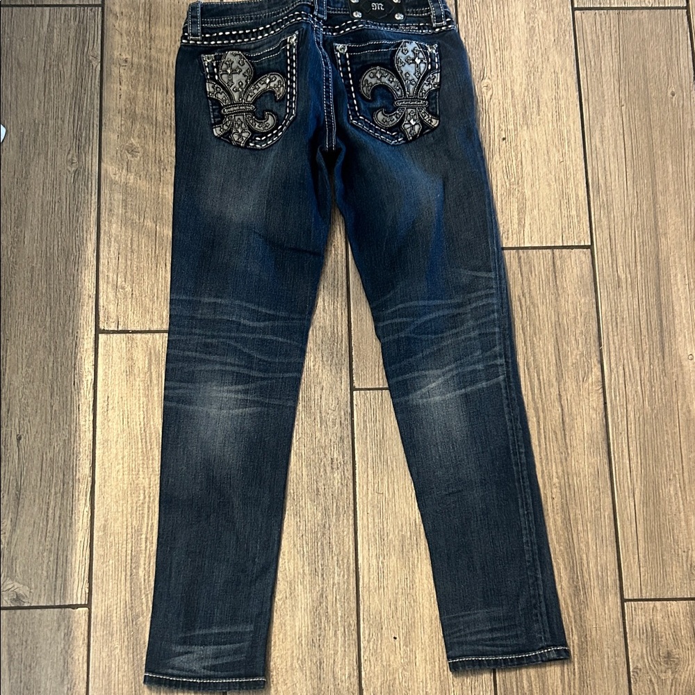 MISS ME⚜️Skinny JEANS Dark Blue Fleur-de-Lis & Crosses Size 30 JP5579S2 - Picture 6 of 14